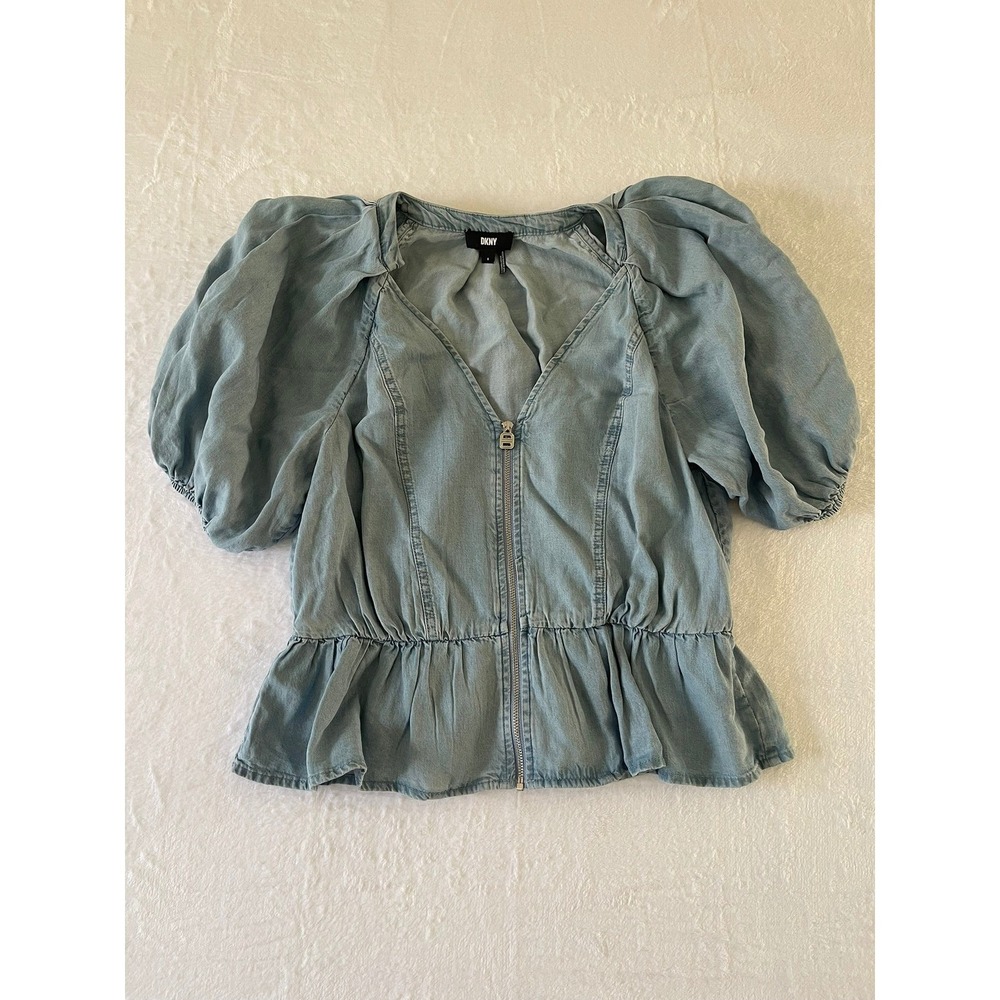 DKNY Front Zip Peplum Chambray Top Womens S Blue Puff Sleeve Lyocell Blouse - Picture 6 of 16